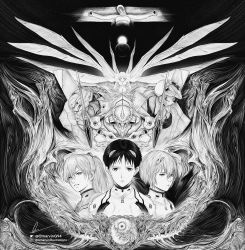 absurdres adam_(evangelion) ayanami_rei character_request clenched_teeth cross crosshatching earth_(planet) eva_00 eva_01 eva_02 expressionless eyeball greyscale hatching_(texture) highres humanoid_robot ikari_shinji instagram_username interface_headset_(evangelion) lilith_(ayanami_rei) marvin_(omarvin) mecha_pilot_suit monochrome neon_genesis_evangelion oversized_wings planet plugsuit_(evangelion) ponytail robot serious signature souryuu_asuka_langley space spikes sun teeth the_end_of_evangelion twitter_logo twitter_username wings