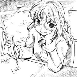 1girl blush female_focus glasses greyscale hand_on_own_cheek hand_on_own_face kubocha long_hair looking_at_viewer monochrome original solo
