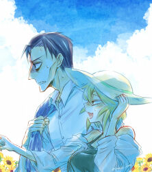 1boy 1girl annoyed asama_hirotaka bare_shoulders black_hair blonde_hair blue_sky carrying_over_shoulder cloud collared_shirt dress_shirt fang field flower flower_field frustrated hand_on_own_hat hat highres horror_(theme) inubousaki_shioi jacket nikubami_honegishimi open_clothes open_jacket outdoors runarica0914 shirt sky straw_hat sunflower sweat sweatdrop white_jacket white_shirt