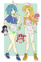 Rule 34 | 5girls, akemi homura, alternate hairstyle, black hair, blonde hair, blue eyes, blue hair, chibi, full body, hair down, hairband, high ponytail, highres, kaname madoka, looking at viewer, mahou shoujo madoka magica, miki sayaka, multiple girls, overalls, paint splatter, pink eyes, pink hair, ponytail, purple eyes, red eyes, red hair, sakura kyoko, salute, shorts, sqkloal4aju57ow, tomoe mami, twintails, two-finger salute, yellow eyes