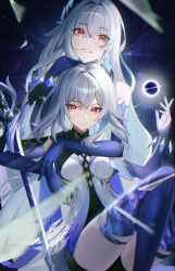 2girls absurdres breasts closed_mouth commentary dress dual_persona earrings elbow_gloves english_commentary genshin_impact gloves hair_between_eyes highres hug hug_from_behind jewelry looking_at_viewer medium_breasts multiple_girls parted_lips purple_gloves qilinv red_eyes skirk_(genshin_impact) smile thighs white_dress