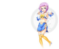 1girl armpits blush boots bow bowtie breasts choker chouryou_(renhou)_(koihime_musou) detached_sleeves green_eyes hair_ornament hairclip highres holding holding_microphone koihime_musou looking_at_viewer medium_breasts microphone midriff navel official_art open_mouth outstretched_arm purple_hair red-framed_eyewear semi-rimless_eyewear short_hair simple_background solo thigh_boots transparent_background underboob yellow_boots yellow_bow yellow_bowtie