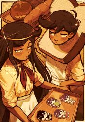 1boy 1girl antenna_hair apron artist_name aubrey_(headspace)_(omori) aubrey_(omori) baguette biscuit_(omori) border bread brother_and_sister brown_hair brown_skirt brown_theme character-themed_food closed_mouth commentary cookie cowboy_shot cowlick dark-skinned_female dark-skinned_male dark_skin double-parted_bangs doughie_(omori) english_commentary expressionless film_grain food from_above frown hair_between_eyes halftone hand_on_own_hip hero_(headspace)_(omori) hero_(omori) highres holding holding_tray jitome kel_(headspace)_(omori) kel_(omori) long_hair looking_at_food mole mole_under_mouth neckerchief no_pupils omori omori_(omori) outside_border parted_bangs polka_dot polka_dot_background red_neckerchief shirt short_hair short_sleeves siblings sidelocks simple_background skirt sparkle standing tray twins very_long_hair very_short_hair waist_apron watermark white_apron yellow_background yellow_border yellow_eyes yellow_shirt zipsunz