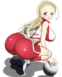 1girl ass bad_id bad_twitter_id ball blonde_hair blush breasts from_behind full_body girls_und_panzer kumaisao large_breasts long_hair looking_at_viewer looking_back open_mouth ponytail red_shorts red_socks sasaki_akebi shorts smile socks solo sportswear volleyball volleyball_(object) volleyball_uniform white_background yellow_eyes