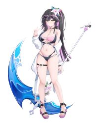 Rule 34 | 1girl, abigail (black survival), absurdres, arm behind back, bare shoulders, barefoot, bikini, black bikini, black choker, black hair, black survival, breasts, choker, cleavage, closed mouth, collarbone, colored inner hair, commentary request, eternal return: black survival, expressionless, flower, full body, green eyes, hair between eyes, hair flower, hair ornament, halterneck, hand up, heart, heart o-ring, highres, holding, holding scythe, holding weapon, jacket, key, key choker, kisa (leg3043), korean commentary, large breasts, layered bikini, legs, long hair, long sleeves, looking at viewer, multicolored hair, o-ring, o-ring bikini, off shoulder, official alternate costume, pink bikini, pink hair, platform sandals, ponytail, purple sandals, sandals, scythe, simple background, solo, standing, swept bangs, swimsuit, thigh strap, thighs, toes, v, very long hair, weapon, white background, white flower, white jacket