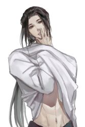111218422 1boy abs absurdres alternate_costume black_hair black_pants brown_eyes chinese_commentary clothes_lift contemporary dao_gui_yi_xian guilty_challenge_(meme) hand_on_own_face hand_up highres lifting_own_clothes long_hair long_sleeves looking_at_viewer low_ponytail male_focus meme midriff navel pants parted_lips ponytail shirt shirt_lift simple_background solo toned toned_male upper_body very_long_hair white_background white_shirt zhuge_yuan