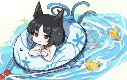&gt;:) 1girl afterimage aibon air_bubble animal_ear_fluff animal_ears artist_name barefoot bikini black_eyes black_hair blue_archive blue_bikini blue_halo bright_pupils bubble cat_ears cat_girl cat_tail chibi chibi_only commentary_request criss-cross_halter crossed_arms english_text full_body halo halterneck kikyou_(blue_archive) kikyou_(swimsuit)_(blue_archive) light_blush looking_at_viewer lying motion_lines multiple_tails official_alternate_costume on_stomach polka_dot polka_dot_background ripples rubber_duck short_hair simple_background smug solo sparkle swim_ring swimsuit tail two_tails v-shaped_eyebrows water white_background white_pupils
