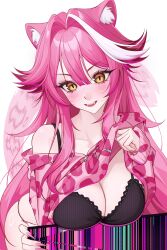 1girl absurdres animal_ears animal_print black_bra black_panties blush bra breasts broken_screen clothes_lift collarbone colored_tips commentary fangs fingernails hair_intakes hashtag-only_commentary highres hololive hololive_english hood hoodie hoodie_lift large_breasts leaning_forward leopard_print lifting_own_clothes long_fingernails long_hair long_sleeves mionk42 multicolored_hair nail_polish open_mouth panther_ears panther_girl panther_tail panties pink_hair pink_hoodie pink_nails raora_panthera screen smile solo streaked_hair tail teeth underwear upper_teeth_only virtual_youtuber white_background white_hair yellow_eyes zipper zipper_pull_tab