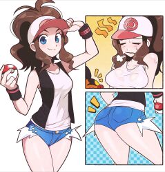 1girl absurdres ass ass_focus baseball_cap blue_eyes brown_hair commentary cowboy_shot english_commentary gen_5_pokemon hat high_ponytail highres hilda_(pokemon) holding holding_poke_ball hot jeff_miga looking_at_viewer multiple_views nintendo poke_ball poke_ball_print pokemon pokemon_bw ponytail shirt short_shorts shorts sleeveless sleeveless_shirt sweat tank_top tepig vest visor_cap wrist_cuffs