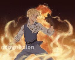Rule 34 | 2boys, ascot, blonde hair, blue vest, brothers, clenched hand, commission, cowboy shot, galsan, gloves, highres, male focus, multiple boys, one piece, portgas d. ace, sabo (one piece), scar, scar on face, short hair, siblings, smile, spirit, vest, white ascot
