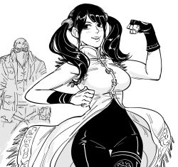 1boy 1girl bad_id bb_(baalbuddy) bodysuit breasts bryan_fury china_dress chinese_clothes cowboy_shot dress fingerless_gloves flexing gloves greyscale hand_up highres inactive_account ling_xiaoyu long_hair looking_at_viewer mask medium_breasts monochrome mouth_mask namco simple_background single_glove smile solo_focus standing tekken thigh_gap twintails white_background wristband