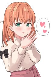 1girl :d absurdres black_bow bow green_eyes heart highres hinoshita_kaho hinoshita_kaho_(first_date) hisho_(rythm_hisho) link!_like!_love_live! long_sleeves love_live! medium_hair official_alternate_costume open_mouth orange_hair own_hands_together palms_together parted_lips pink_skirt simple_background skirt smile solo speech_bubble spoken_heart sweater virtual_youtuber white_background white_sweater