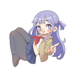 Rule 34 | 1girl, ascot, black pantyhose, blue eyes, blue hair, blue skirt, female focus, hair tie, long hair, long sleeves, lying, miniskirt, on back, original, pantyhose, parted lips, pleated skirt, pointing, qtkat, red ascot, side ponytail, sidelocks, simple background, skirt, smile, solo, teeth, thighs, white background