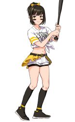 Rule 34 | 1girl, absurdres, baseball, baseball bat, baseball uniform, batting stance, belt, black belt, black hair, black shoes, black socks, blush, bow, breasts, closed mouth, collarbone, facepaint, fukuoka softbank hawks, full body, hair bow, high ponytail, highres, holding, holding baseball bat, idolmaster, idolmaster cinderella girls, idolmaster cinderella girls starlight stage, looking at viewer, mark under both eyes, medium breasts, midriff, navel, nippon professional baseball, ponytail, shirt, shoes, short hair, short ponytail, short sleeves, shorts, side-tie shirt, simple background, smile, socks, solo, sportswear, standing, takafuji kako, tori no teriyaki, v-shaped eyebrows, white background, white shirt, white shorts, yellow bow, yellow eyes