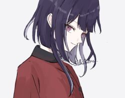 1boy closed_mouth eyelashes long_hair looking_at_viewer male_focus pink_eyes purple_hair red_shirt shirt simple_background smile solo solo_focus the_hundred_line_-last_defense_academy- tsukumo_ima upper_body white_background