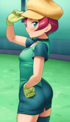 1girl ass blue_eyes blush breasts choker closed_mouth commentary_request day georgia_(pokemon) gloves grass green_gloves green_vest hand_on_headwear hand_on_own_hip hand_up hat highres looking_to_the_side nintendo outdoors pokemon pokemon_(anime) pokemon_bw_(anime) short_hair short_sleeves solo standing thighhighs vest watanuki_kaname yellow_hat