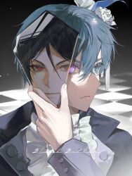 2boys black_coat black_hair blue_eyes blue_hair checkered_floor ciel_phantomhive coat frilled_shirt frills glass_shard glass_shards glowing glowing_eye heterochromia highres holding_glass_shard kuroshitsuji looking_afar looking_at_viewer male_focus multiple_boys purple_eyes red_eyes sebastian_michaelis shards shirt simple_background smile westttt120 white_shirt