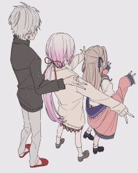 Rule 34 | 1boy, 2girls, black jacket, black shoes, blue sailor collar, brown hair, cardigan, colored inner hair, double v, gradient hair, grey hair, grey pants, jacket, kamatama rom, kuzuha (1st costume) (nijisanji), kuzuha (nijisanji), loafers, long hair, low ponytail, makaino ririmu, makaino ririmu (4th costume), miniskirt, multicolored hair, multiple girls, nijisanji, pants, pink hair, pink jacket, pleated skirt, pointy ears, ponytail, red skirt, sailor collar, school uniform, serafuku, shiina yuika, shiina yuika (1st costume), shirt, shoes, short hair, simple background, skirt, slippers, socks, two side up, v, very long hair, virtual youtuber, white background, white hair, white shirt, white socks