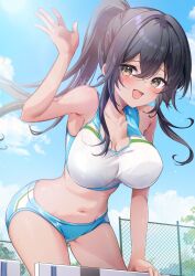 1girl black_hair blue_buruma blue_sky breasts buruma cleavage sky track_and_field track_and_field_uniform