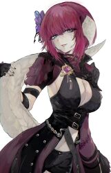 1girl au_ra black_dress black_nails black_shorts blue_eyes breasts butterfly_hair_ornament cleavage dragon_girl dragon_horns dragon_tail dress final_fantasy final_fantasy_xiv fingerless_gloves gloves hachi0047 hair_ornament highres horns looking_at_viewer midriff navel red_hair scales short_hair short_sleeves shorts solo tail warrior_of_light_(ff14) white_background