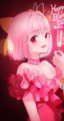 Rule 34 | 1girl, 2024, antenna hair, bow, breasts, cleavage, cup, dress, glass, hair bow, happy birthday, highres, holding, holding cup, kami nomi zo shiru sekai, medium breasts, nakagawa kanon, necktie, open mouth, pink dress, pink eyes, pink hair, pyon-kichi, ribbon, short hair, smile, solo