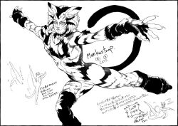 1boy animal_ears arm_warmers bakushi_(smys2017) bell body_fur cat_boy cat_ears cat_tail cats_(musical) claws collar commentary_request furry furry_male greyscale leg_warmers looking_at_viewer male_focus monochrome munkustrap neck_bell outstretched_arms simple_background spread_arms standing standing_on_one_leg stretching studded_collar tail translation_request white_background