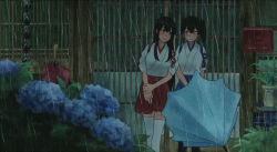 10s 2girls akagi_(kancolle) architecture blush brown_eyes brown_hair closed_umbrella commentary_request east_asian_architecture flower flower_request hair_between_eyes hakama hakama_short_skirt hakama_skirt hydrangea japanese_clothes kaga_(kancolle) kantai_collection leaning_on_person long_hair looking_at_another mailbox multiple_girls outdoors own_hands_together painting_(medium) plant rain shijukara_(great_tit) short_hair side_ponytail skirt smile straight_hair tasuki thighhighs traditional_media umbrella v_arms watercolor_(medium) white_legwear