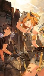Rule 34 | 1boy, 1girl, blue eyes, brown hair, fate/grand order, fate (series), fou (fate), fujimaru ritsuka (female), fujimaru ritsuka (male), looking at viewer, official art, orange eyes, orange hair, star shadow magician, sweat, wrench