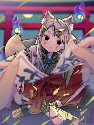 Rule 34 | 1girl, animal ear fluff, animal ears, black eyes, black sandals, blonde hair, commentary request, crossed legs, fox ears, fox girl, fox tail, full body, geta, green kimono, grey hair, hakama, hakama pants, highres, hitodama, holding ofuda, japanese clothes, kimono, long hair, long sleeves, looking at viewer, notamaru 2, original, pants, parted lips, pov, red hakama, sandals, sitting, tail, tearing up, tengu-geta, torii