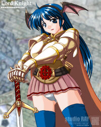 Rule 34 | 1girl, 2000s (style), armor, belt, black belt, black wings, blue eyes, blue hair, blue thighhighs, blush, brown cape, cape, chainmail, character name, circle name, commentary request, copyright name, cowboy shot, cross, cross of prontera, demon wings, fake wings, game screenshot background, head wings, holding, holding sword, holding weapon, long hair, looking at viewer, lord knight (ragnarok online), lowres, miniskirt, panties, pantyshot, pauldrons, pink skirt, ragnarok online, screenshot background, shoulder armor, skirt, solo, spiked gauntlets, sword, tatsumi ray, thighhighs, underwear, variant set, watermark, weapon, web address, white panties, wings