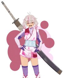 1girl akitetsu dark-skinned_female dark_skin flat_chest gradient_hair grey_hair hands_on_own_hips highres huge_weapon japanese_clothes kimono looking_at_viewer matsukai_mao monster_hunter_(series) multicolored_hair nijisanji obi open_mouth pink_eyes pink_hair sash short_kimono simple_background smile sword sword_on_back thighhighs twintails two-tone_hair weapon weapon_on_back white_background