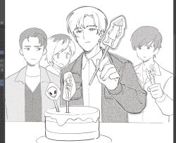1girl 3boys alien art_program_in_frame cake collared_shirt facial_hair food haejeo1008 harry_mason hear_me_out_cake_(meme) heather_mason henry_townshend highres holding holding_stick jacket james_sunderland leon_s._kennedy long_sleeves meme monochrome multicolored_hair multiple_boys plate pyramid_head resident_evil resident_evil_4 robbie_the_rabbit roots_(hair) shirt short_hair silent_hill_(series) silent_hill_1 silent_hill_2 silent_hill_3 silent_hill_4:_the_room stick sweat table white_background