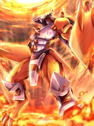 armor ayo_(ayosanri009) claw_(weapon) digimon digimon_(creature) dragon fire glowing glowing_eyes orange_scales red_hair short_hair solo wargreymon weapon yellow_armor