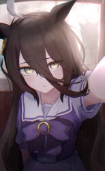 2girls animal_ears arm_up black_hair blush bow bowtie ear_tag earrings embarrassed hair_between_eyes highres horror_(theme) horse_ears horse_girl jewelry kabedon_on_viewer l_kirschblute long_bangs long_hair long_hair_between_eyes looking_at_viewer manhattan_cafe_(umamusume) multiple_girls parted_lips pleated_skirt pov puffy_short_sleeves puffy_sleeves purple_bow purple_bowtie purple_sailor_collar purple_shirt purple_skirt sailor_collar school_uniform shirt shirt_tucked_in short_sleeves single_earring skirt solo solo_focus super_saiyan super_saiyan_rose tracen_school_uniform umamusume very_long_hair white_hair yellow_eyes