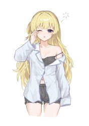 Rule 34 | 1girl, absurdres, armpit crease, black camisole, black shorts, blonde hair, camisole, check clothing, clothing request, collarbone, commentary request, cropped legs, highres, igh, long hair, long sleeves, looking at viewer, navel, one eye closed, open mouth, pajamas, partially unbuttoned, phoebe (wuthering waves), purple eyes, rubbing eyes, shirt, shorts, simple background, single bare shoulder, single off shoulder, solo, squeans, strap slip, very long hair, white background, white shirt, wuthering waves