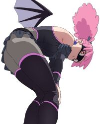 1girl :t absurdres ass bat_wings black_mask black_ribbon black_sleeves blush boots bow bright_pupils closed_mouth detached_sleeves domino_mask earrings eye_mask from_below hair_net hands_on_own_knees haneyama_kazuho heart highres jewelry leaning_forward leotard light_smile looking_at_viewer looking_down low_wings mask mimi_(mimi_ganbaruzo) pantyhose pink_eyes pink_hair pink_trim ribbon skirt solo sphere_earrings superhero_costume thighhighs twintails vigilante_-boku_no_hero_academia:_illegals- white_background white_pupils wings