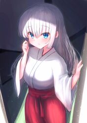 Rule 34 | 1girl, 2023, absurdres, alternate costume, blue eyes, blush, clenched hand, closed mouth, commentary request, cowboy shot, dated commentary, eyes visible through hair, hair between eyes, hakama, hands up, highres, indoors, japanese clothes, kimono, kokoroofiscream, light particles, long hair, long sleeves, looking at viewer, miko, naruse shiroha, red hakama, sidelocks, solo, straight hair, summer pockets, white hair, white kimono, wide sleeves