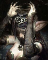 1girl artist_name breasts cleavage commentary detached_sleeves elf english_commentary fingernails highres long_hair long_pointy_ears original painterly pointy_ears sebijy sharp_fingernails solo veil watermark web_address