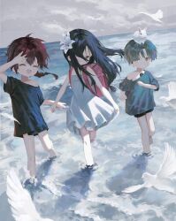 Rule 34 | 3girls, :d, ^ ^, absurdres, animal, animal on head, arm up, bare arms, bare shoulders, bird, black hair, black shirt, black shorts, blue shirt, braid, brown hair, closed eyes, commentary request, doubutsunoujyou, dress, floating hair, flower, grey eyes, hair between eyes, hair flower, hair ornament, highres, long hair, multiple girls, off shoulder, on head, open mouth, original, rabbit, shirt, short shorts, short sleeves, shorts, single braid, smile, very long hair, wading, water, white dress, white flower