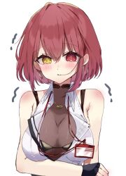 Rule 34 | 1girl, bare shoulders, black gloves, blush, bob cut, bodystocking, bra strap, bra visible through clothes, breasts, collared shirt, commentary request, double-parted bangs, earrings, fingerless gloves, gloves, hair in own mouth, heart, heart earrings, heart necklace, heterochromia, highres, hololive, houshou marine, houshou marine (businesswoman), id card, jewelry, lanyard, large breasts, looking at viewer, loose hair strand, mi (0xxomoxx0), necklace, official alternate costume, official alternate hair length, official alternate hairstyle, partially unbuttoned, red eyes, red hair, shirt, short hair, shoulder blush, sleeveless, sleeveless shirt, solo, trembling, upper body, virtual youtuber, white shirt, yellow eyes