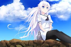 Rule 34 | 1girl, ascot, black ascot, black pantyhose, blue eyes, blue sky, blunt ends, blush, closed mouth, cloud, commentary, day, eyes visible through hair, feet out of frame, floating hair, from below, hair between eyes, highres, long hair, looking ahead, miniskirt, naruse shiroha, outdoors, pantyhose, puffy short sleeves, puffy sleeves, ringed eyes, sailor collar, school uniform, serafuku, shirt, shootinghaze, short sleeves, sidelocks, sitting, skirt, sky, smile, solo, split mouth, summer pockets, summer pockets school uniform, v arms, very long hair, white hair, white sailor collar, white serafuku, white shirt, white skirt, wind