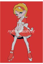 1girl apron back_bow blonde_hair blue_eyes bow closed_mouth collar detached_collar dress earrings expressionless full_body gloves hairband half-closed_eyes imaikuy0 jewelry looking_to_the_side medium_hair nintendo octoling octoling_girl octoling_player_character pantyhose parted_bangs puffy_short_sleeves puffy_sleeves red_background red_dress red_hairband red_shoes roller_skates shoes short_sleeves skates solo sphere_earrings splatoon_(series) standing tentacle_hair waitress white_apron white_bow white_collar white_gloves white_pantyhose
