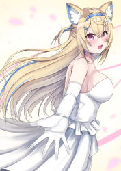 1girl alternate_costume animal_ear_fluff animal_ears bandaid bandaid_hair_ornament bare_shoulders blonde_hair blue_eyes blue_hair blush breasts collarbone dog_ears dog_girl dress elbow_gloves fuwawa_abyssgard gloves hair_between_eyes hair_ornament hairclip highres hololive hololive_english large_breasts long_hair naryuu_(like-af) open_mouth pink_eyes reaching reaching_towards_viewer simple_background smile solo very_long_hair wedding_dress white_background white_gloves