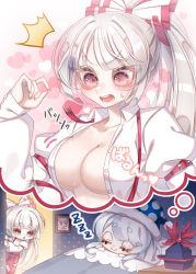 2girls arm_belt bed blue_hair blue_hat blunt_bangs bow breasts cleavage closed_eyes closed_mouth collarbone commentary_request dreaming fujiwara_no_mokou fur-trimmed_headwear fur_trim grey_hair hair_bow hat highres kamishirasawa_keine kurumi407 large_breasts long_hair long_sleeves looking_at_another multiple_girls nightcap ofuda ofuda_on_clothes open_clothes open_mouth open_shirt picture_frame ponytail puffy_long_sleeves puffy_sleeves purple_eyes shirt sleeping smile strap_break suspenders sweatdrop touhou under_covers unworn_hat unworn_headwear very_long_hair white_bow white_shirt zzz