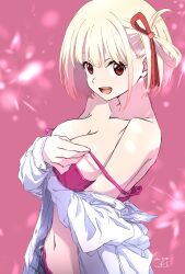 1girl :d bare_shoulders bikini blonde_hair breasts cleavage collarbone commentary dated hair_ribbon highres jacket large_breasts looking_at_viewer lycoris_recoil navel nii_manabu nishikigi_chisato open_mouth red_background red_bikini red_eyes red_ribbon revision ribbon short_hair signature smile solo swimsuit teeth upper_teeth_only white_jacket