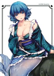 1girl absurdres blue_eyes blue_hair breasts cleavage fins green_kimono head_fins highres japanese_clothes kimono kimono_pull large_breasts long_sleeves looking_at_viewer mermaid monety monster_girl obi obijime purple_sash sash short_hair solo third-party_source touhou wakasagihime white_background wide_sleeves