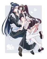 2boys ahoge alternate_costume apron black_dress black_hair black_shoes boots border brown_boots brown_hair closed_mouth crossdressing dated dress enmaided eye_contact frilled_apron frilled_dress frills full_body grey_eyes hair_bun hand_on_another&#039;s_chin hand_on_another&#039;s_thigh hand_up headband heart high_ponytail highres invisible_chair juliet_sleeves kimako_(kimako_8) lan_wangji leg_up long_dress long_hair long_sleeves looking_at_another maid maid_apron maid_headdress male_focus modao_zushi multiple_boys parted_lips ponytail profile puffy_short_sleeves puffy_sleeves pulling_another&#039;s_clothes shoe_soles shoes short_dress short_sleeves sidelocks simple_background single_hair_bun sitting smile thighhighs topknot trap very_long_hair wei_wuxian white_apron white_headband white_thighhighs wrist_cuffs xiao_guan_(headdress) yaoi yellow_eyes