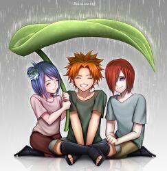 Rule 34 | 1girl, 2boys, artist name, blue hair, closed mouth, collarbone, commentary, crossed legs, english commentary, flower, full body, giant leaf, green shirt, grey shirt, hair flower, hair ornament, hair over one eye, holding, holding leaf, konan (naruto), leaf, looking at viewer, multiple boys, nagato (naruto), naruto (series), naruto shippuuden, orange hair, pants, pink shirt, rain, reizdrawing, rinnegan, seiza, shirt, short hair, short sleeves, sitting, smile, yahiko (naruto)