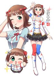 1girl :d :p absurdres amami_haruka arm_behind_head arm_up asymmetrical_legwear black_skirt blue_choker blue_thighhighs blush boots bow brown_hair character_name chibi choker collarbone cropped_torso flower frilled_skirt frills full_body green_eyes hair_bow hair_flower hair_ornament highres idolmaster idolmaster_(classic) idolmaster_million_live! idolmaster_million_live!_theater_days idolmaster_movie long_sleeves looking_at_viewer mismatched_legwear mismatched_thighhighs multiple_views ngetyan one_eye_closed open_mouth print_boots print_shirt red_choker red_flower red_rose red_thighhighs rose shirt short_hair simple_background skirt smile sparkle_print starpiece_memories_(idolmaster) sweatdrop thighhighs tongue tongue_out two-tone_choker white_background white_boots white_bow white_shirt