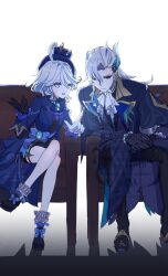 1boy 1girl ahoge armchair ascot asymmetrical_gloves black_gloves black_pants black_shoes black_shorts blue_ascot blue_brooch blue_coat blue_hair blue_hat blue_jacket chair closed_mouth coat commentary_request full_body furina_(genshin_impact) genshin_impact gloves hat highres index_finger_raised jacket long_hair long_sleeves mismatched_gloves multicolored_hair neuvillette_(genshin_impact) open_mouth pants shoes short_hair shorts sitting smile tomo-graphy two-tone_hair white_ascot white_gloves white_hair